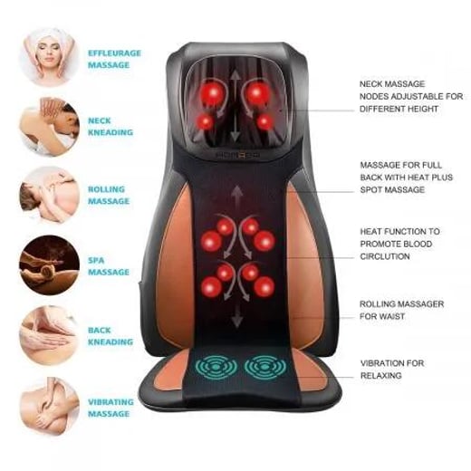 Home Car Seat Massager Heated Cushion W/Vibrate,Shiatsu,Roll,Knead Function-Orange HOMASA