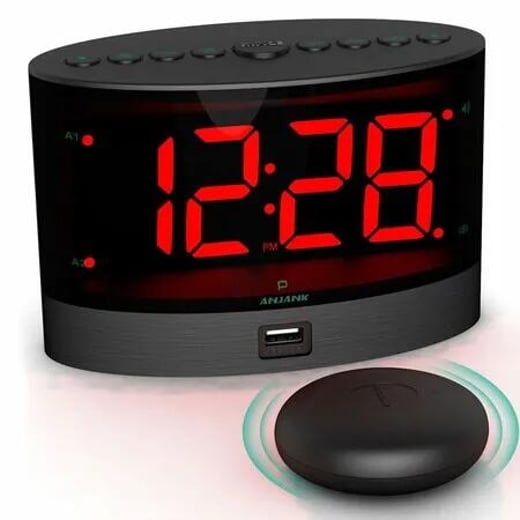 Alarm Clock with Wireless Bed Shaker, Vibrating Dual for Heavy Sleepers, Deaf and Hearing-impaired, Adjustable Volume/Dimmer/Wake up, USB Charger Crazy Sales