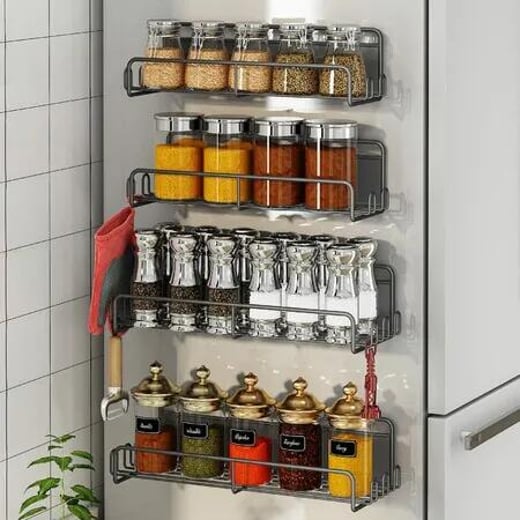 Magnetic Spice Rack for Refrigerator,Magnetic Spice Rack Organizer with Super Strong Magnetic,Magnetic Shelf Metal Kitchen Organization Spice and Seasoning Organizer (Black,4 Pack) Crazy Sales