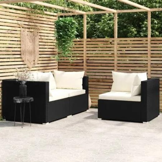 3 Piece Garden Lounge Set with Cushions Black Poly Rattan vidaXL