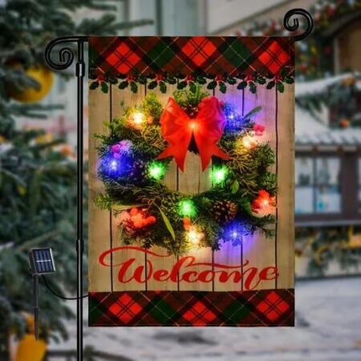 Christmas Welcome Wreath Garden Flag with Lights Solar LED Welcome Sign Garden Flags Banner 12x18 Double Sided for Outdoors Patio Lawn Yard Decoration Crazy Sales