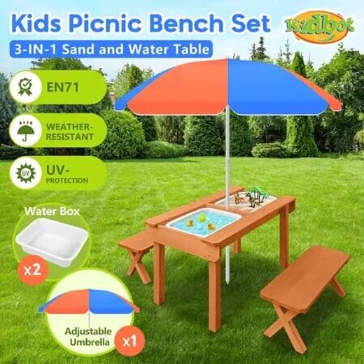 Kids Sand and Water Table Picnic Chairs Outdoor Wooden Bench Adjustable Umbrella Children Play Station Storage Playset Furniture Activity Center Kidbot