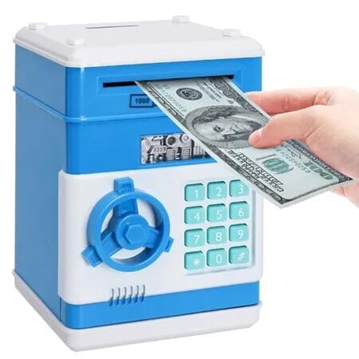 (Blue)Electronic Password Piggy Bank Cash Coin Can Auto Scroll Paper Money Saving Box Toy for 6 7 8 9 10 11 12 Years Old Kids Gifts Crazy Sales