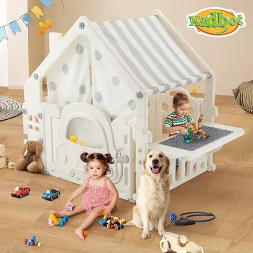 Kids Cubby House Playhouse Childrens Pretend Play Gym Cottage Cabin Activity Centre Toy Building Block Table Storage Box Kidbot