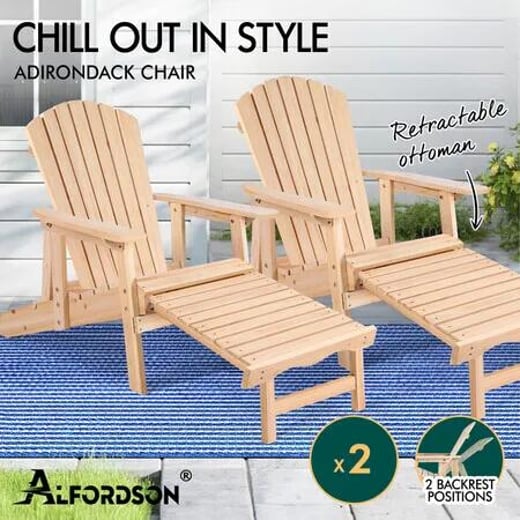 ALFORDSON 2x Outdoor Chairs Wooden Adirondack w/ Ottoman Patio Beach Garden Wood ALFORDSON