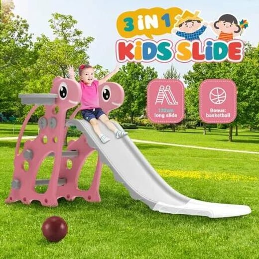 3 in 1 Kids Slide Set Climber Ladder Steps Basketball Hoop Indoor Outdoor Playground Activity Centre Stairs Equipment Playset Toy Pink Kidbot