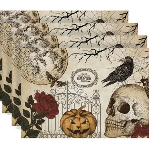 Halloween Placemats Halloween Gothic Skull Table Mats Day of The Dead Roses Skull Decor Halloween Decorations for Home Table Set of 4(30*45CM) Crazy Sales