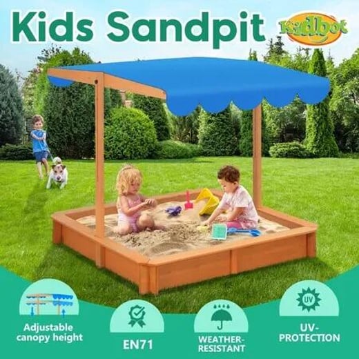 Kids Sandpit Box Canopy Outdoor Toys Sand Pit Children Play Station Wooden Set Ground Cover Beach Shade Seat Board Backyard Center 118cm Kidbot Kidbot
