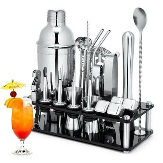 23-Piece Cocktail Shaker Set with Stainless Steel Tools, Acrylic Stand, and Mixing Guide Crazy Sales