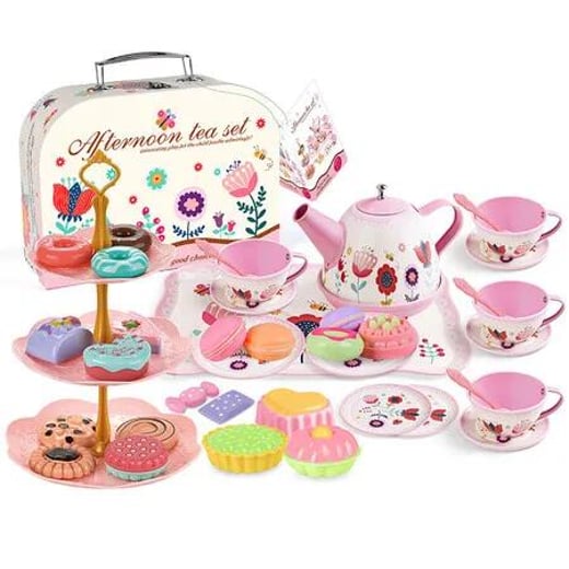 Flower Theme Tea Party Set Princess Tea Time Toys with Dessert and Carrying Case Pretend Play for Kids Gift Globaloutlet