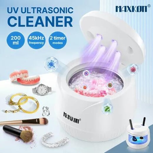 Maxkon Ultrasonic UV Cleaner Denture Retainer Aligner Jewellery Cleanser Dental Appliance Cleaning Machine for Whitening Tray Mouth Guard Makeup Brush Maxkon