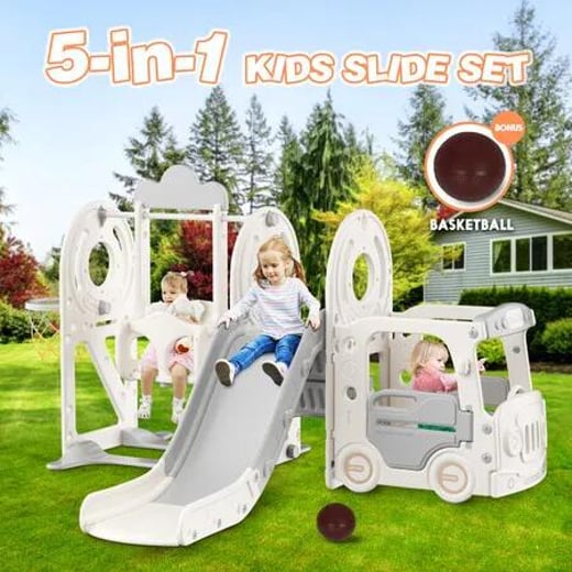 5 in 1 Slide Swing Set Kids Ladder Climber Steps Bus Playhouse Basketball Hoop Playground Activity Centre Playset Indoor Outdoor Toy Kidbot