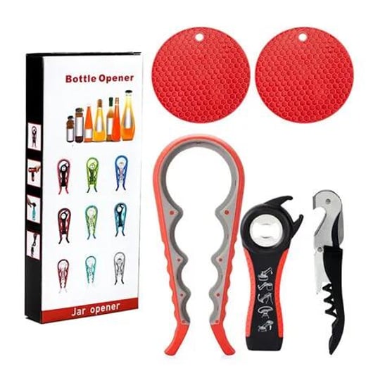 5 in 1 Multi Function Can Opener Bottle Opener Kit with Silicone Handle Easy to Use for Children, Elderly and Arthritis Sufferers, Red Crazy Sales