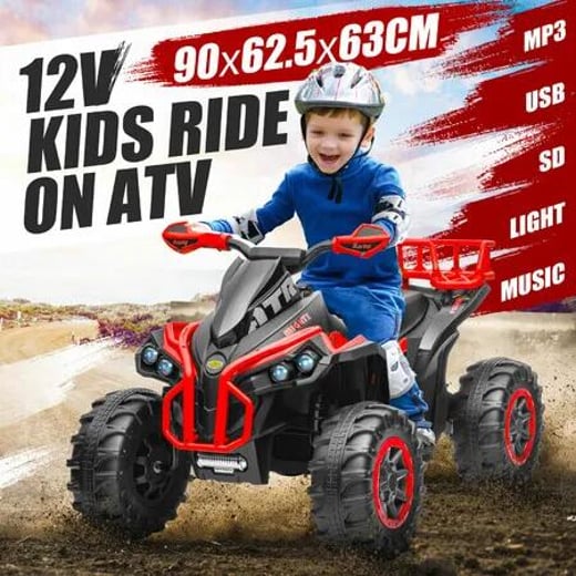 Kids Electric Car Ride On Toy Vehicle Off Road ATV Quad Bike Truck 12V 4 Wheeler Motorised Rechargeable Battery Powered USB MP3 Music Player Lights Fellow