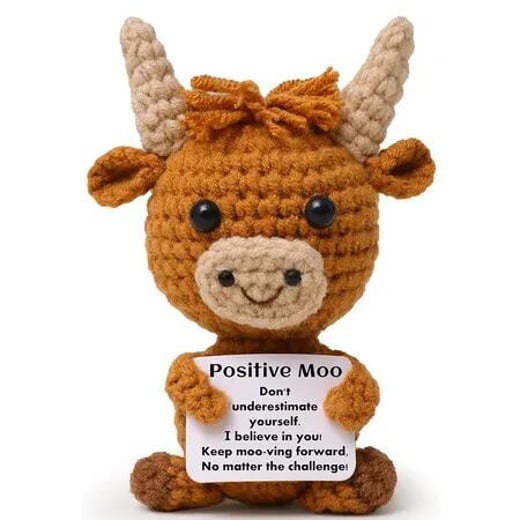 Mini Funny Positive Highland Cow, Knitted Wool Cow Toy with Positive Card, Creative Cute Crochet Doll Emotional Support Cheer Up Keepsake Gift Crazy Sales