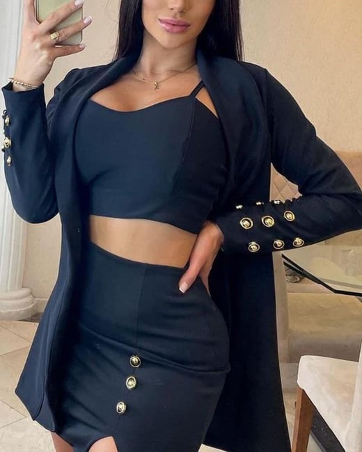 Crop Cami Tee & Buttom Decor Long Sleeve Coat With Slit Skirt Set chicme