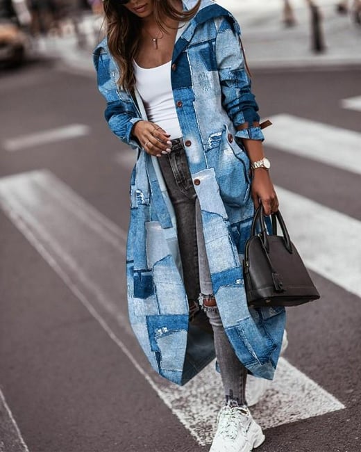 Denim Look Print Longline Cargo Trench Coat chicme