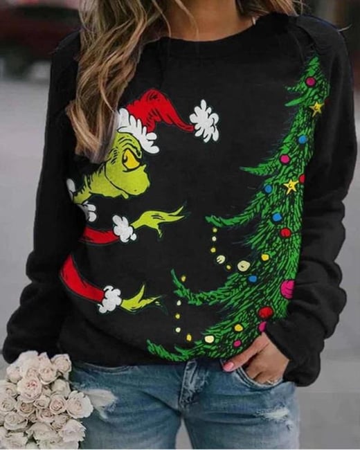 Plus Size Graphic Stole Christmas Print Long Sleeve Top chicme