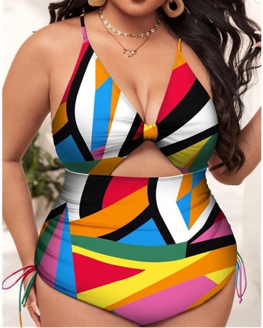 Plus Size Geometric Print Cutout Crisscross One-Piece Swimsuit chicme
