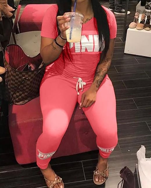 Letter Print Drawstring Sports Sets chicme