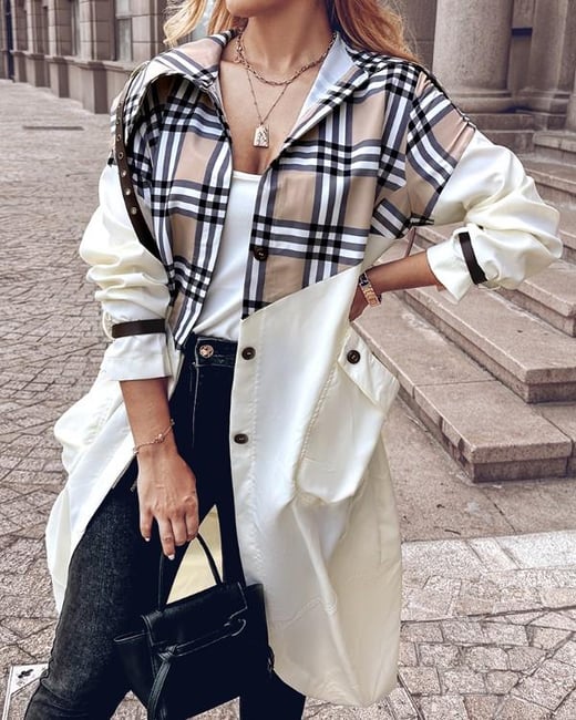 Plaid Print Button Front Longline Cargo Trench Coat chicme