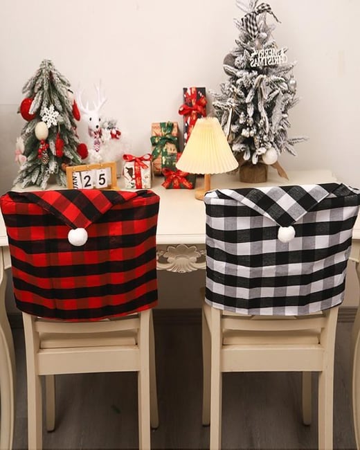 Christmas Plaid Dining Chair Slipcovers Chair Seat Back Covers Protector Holidays Home Party Decorations With Pom Pom chicme
