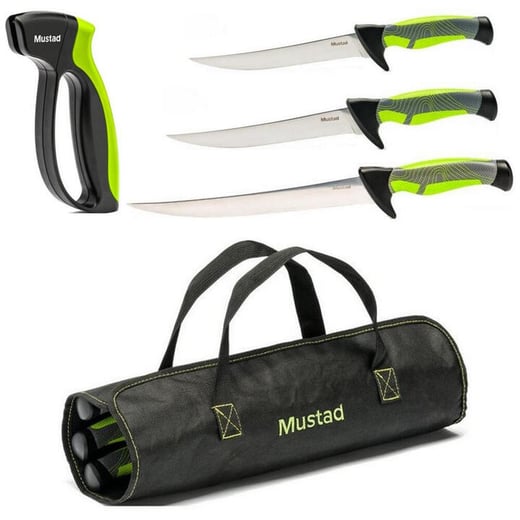 Mustad  Pro Fish Filleting Kit -3 X Fishing Knives|knife Sharpener In Roll Up Bag | Buy Online With Afterpay MUSTAD