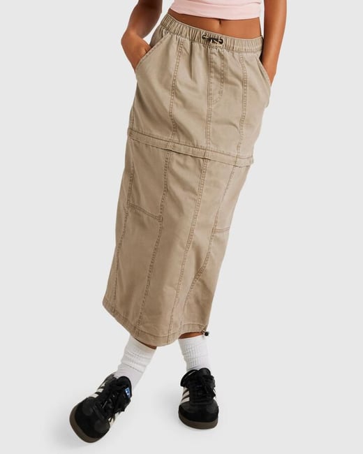 RVCA - Womens Stowaway Zip Off Midi Skirt - Dark Khaki - Size XS/6 RVCA