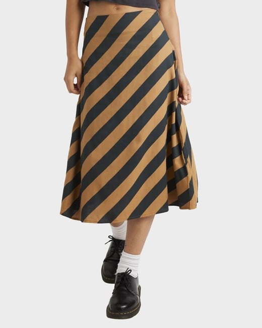 RVCA - Womens Milspec Stripe Annika Midi Skirt - Camel - Size XS/6 RVCA