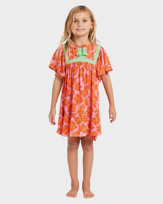 Billabong - Girls 2-7 Happy Hibiscus Ruffle Top Mini Dress - Party Pink - Size 0 Billabong