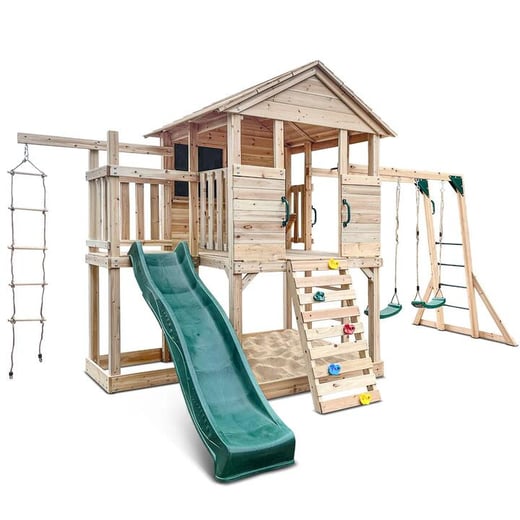 Lifespan Kids Kingston Cubby House Swing Set with 2.2m Green Slide Kings Warehouse