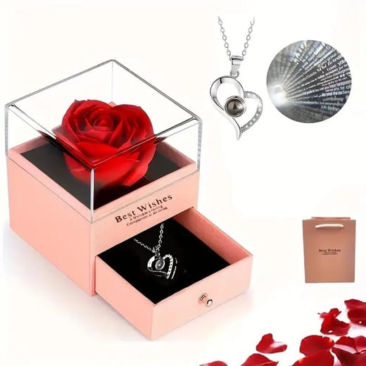 NNETM Romantic Heart Necklace and Soap Flower Rose Set - Pink NNE Living