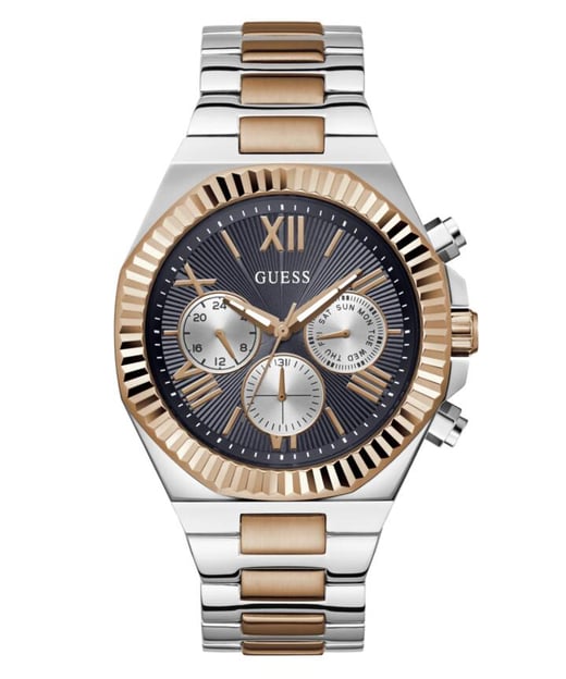 Guess Equity Brushed Silver Tone Case With Polished Rose Gold Tone Bezel With Sunray Navy Multifunction Dial And Brushed And Polished Two Tone Bracelet GW0703G4 Guess
