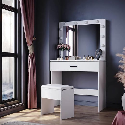 Dressing Table Vanity Set Stool Makeup 12 LED Bulbs Jewellery Organizer Cabinet, Full Set Elegant Showers AU