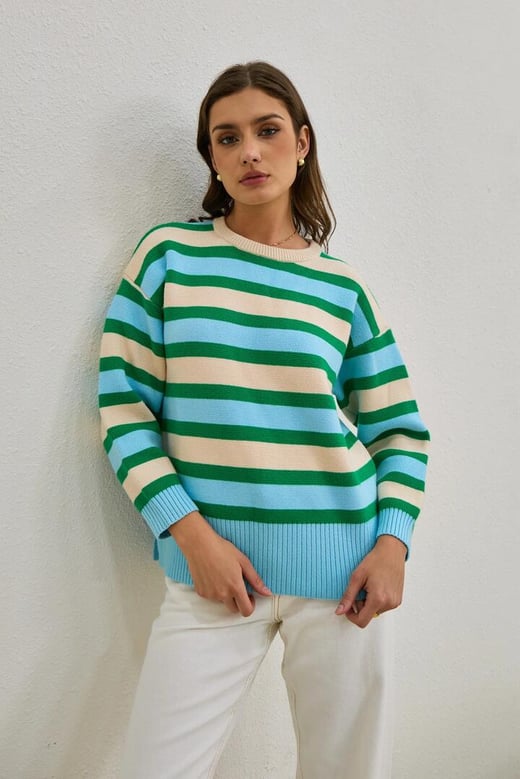 Anya Green Blue Stripe Knit Sweater Heychic