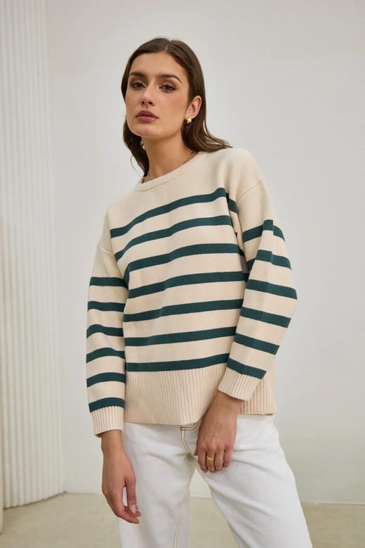 Anya Forest Green Stripe Knit Sweater Heychic