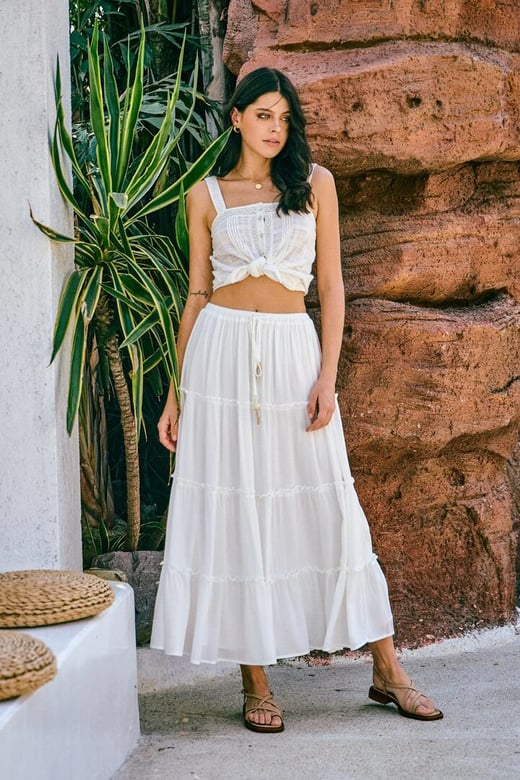 Marina White Seashell Tiered Maxi Skirt Heychic