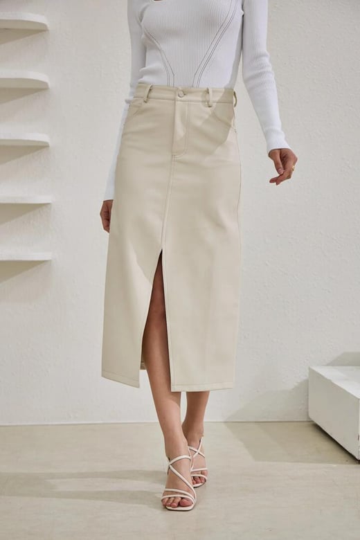 Evan Beige Faux Leather PU Midi Skirt Heychic