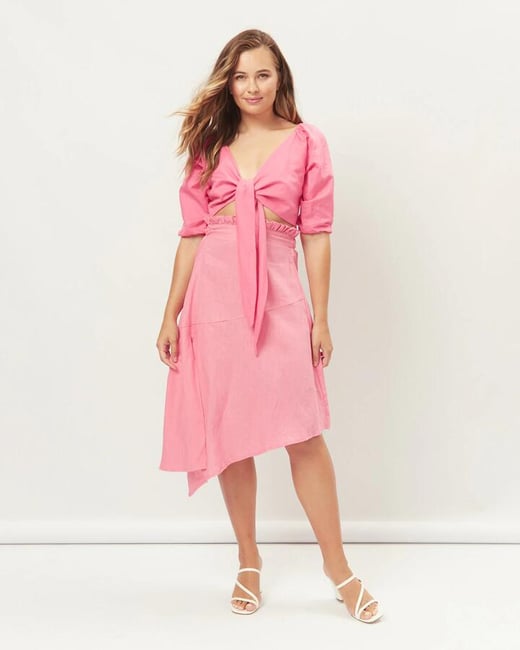 Layla Pink Asymmetrical Midi Skirt HEYCHIC